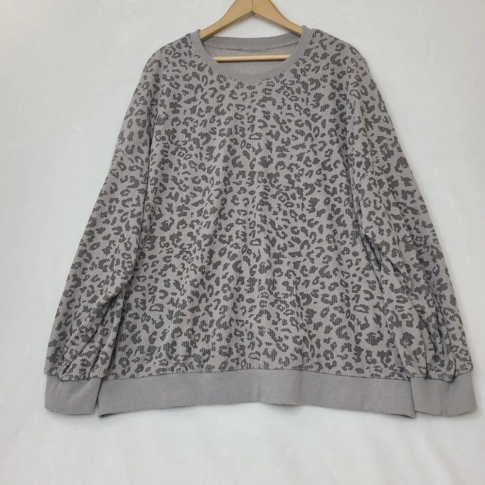 Dazy Sweatshirt Women's XL Gray Leopard Print Ribbed Cotton - Picture 2 of 7